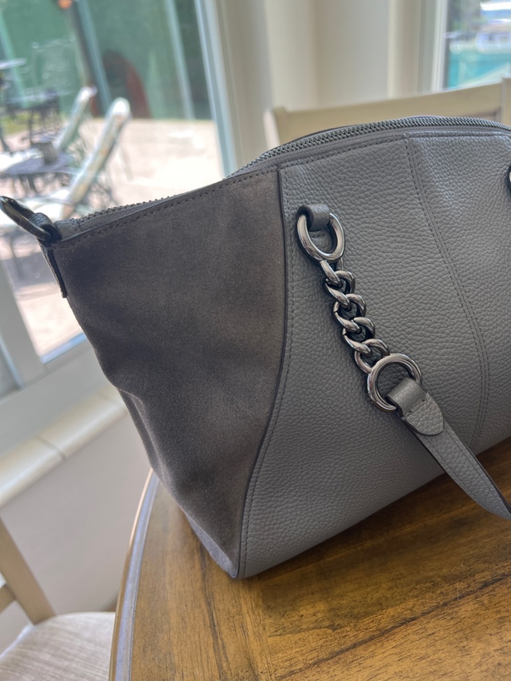 Coach -Gray Pebbled Leather Satchel with Suede and Chain Detail - Picture 16 of 17